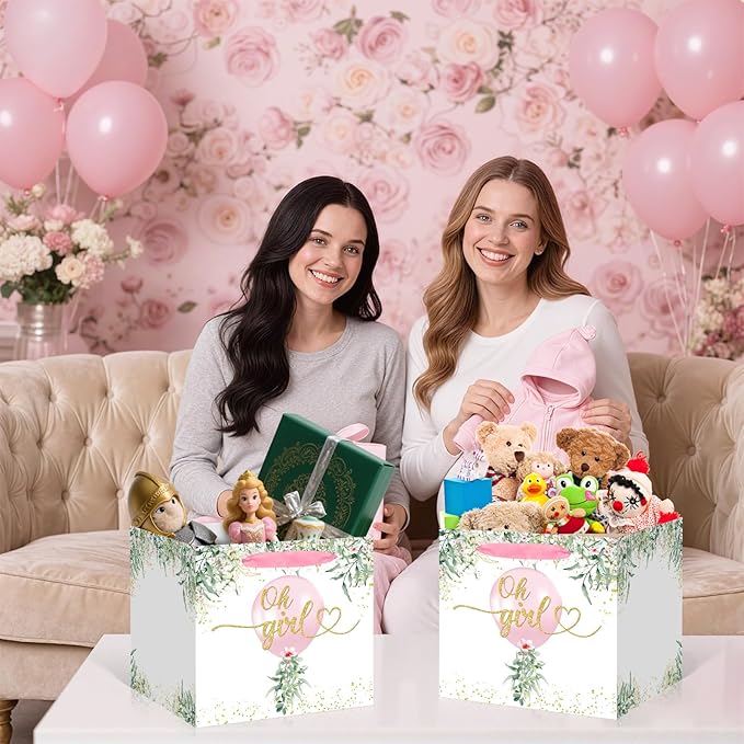 Woosytoo Extra Large Baby Girl Gift Bag Greenery Baby Shower Square Gift Bags with Tissue Paper Oh Girl Watercolor Pink Balloon Wrapping Paper Bag for Girls Baby Shower Gender Reveal Party Favors