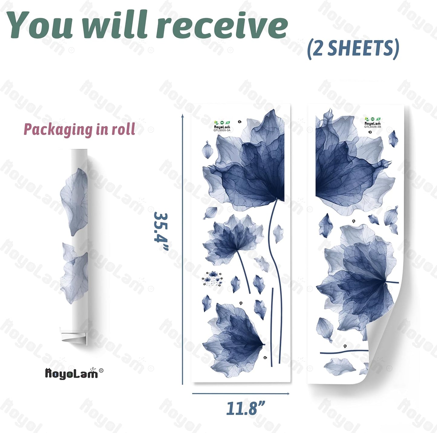 39.3'' x 32.6'' Huge Flower Petal Wall Decals Living Room Floral Wall Stickers Removable Peel and Stick Waterproof Wall Art Decor Stickers for Bedroom Bathroom Office (Navy)