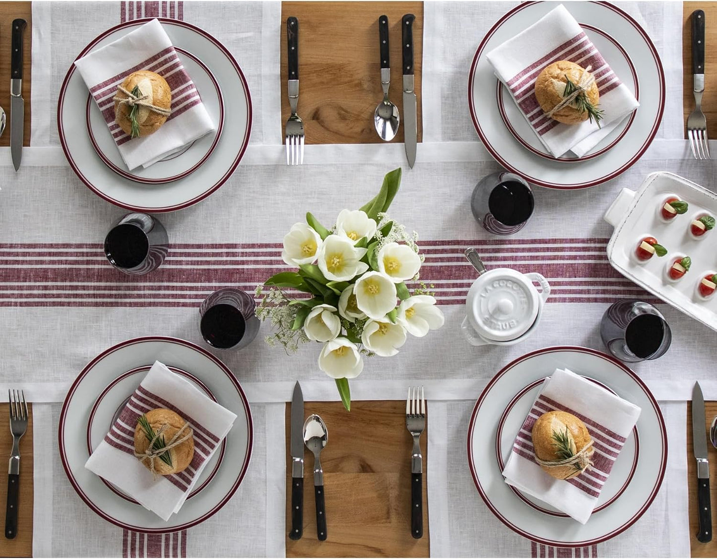Solino Home Linen Table Runner 120 Inches Long - 100% Pure Linen Burgundy and White Farmhouse Table Runner 14 x 120 Inch for Dining, Fall, Autumn, Thanksgiving, Christmas
