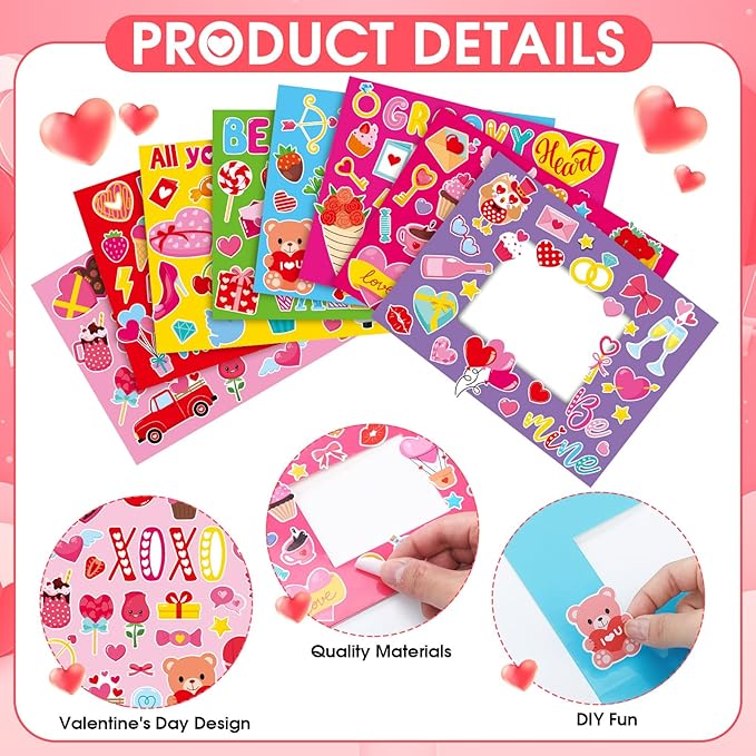 Jetec 48 Sets Valentines Picture Frames Craft Kit DIY Photo Frames Sticker Craft Make Your Own Paper Picture Frame for Home Activities Party Favors Decorations(Pink)