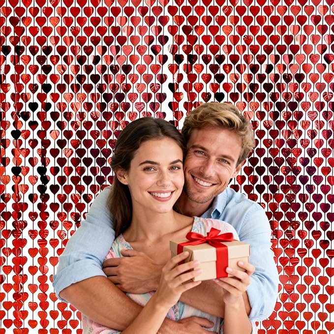 Red Heart Metal Foil Streamers Curtains, 2 Pcs 3.3x6.6ft Valentine's Party Decorations - Heart Pattern Backdrop for Engagement, Wedding & Birthday Photo Props