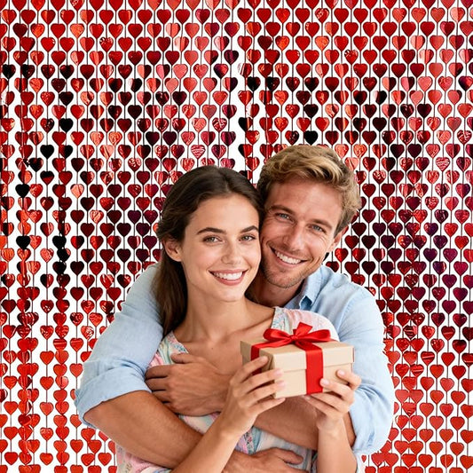 Red Heart Metal Foil Streamers Curtains, 2 Pcs 3.3x6.6ft Valentine's Party Decorations - Heart Pattern Backdrop for Engagement, Wedding & Birthday Photo Props