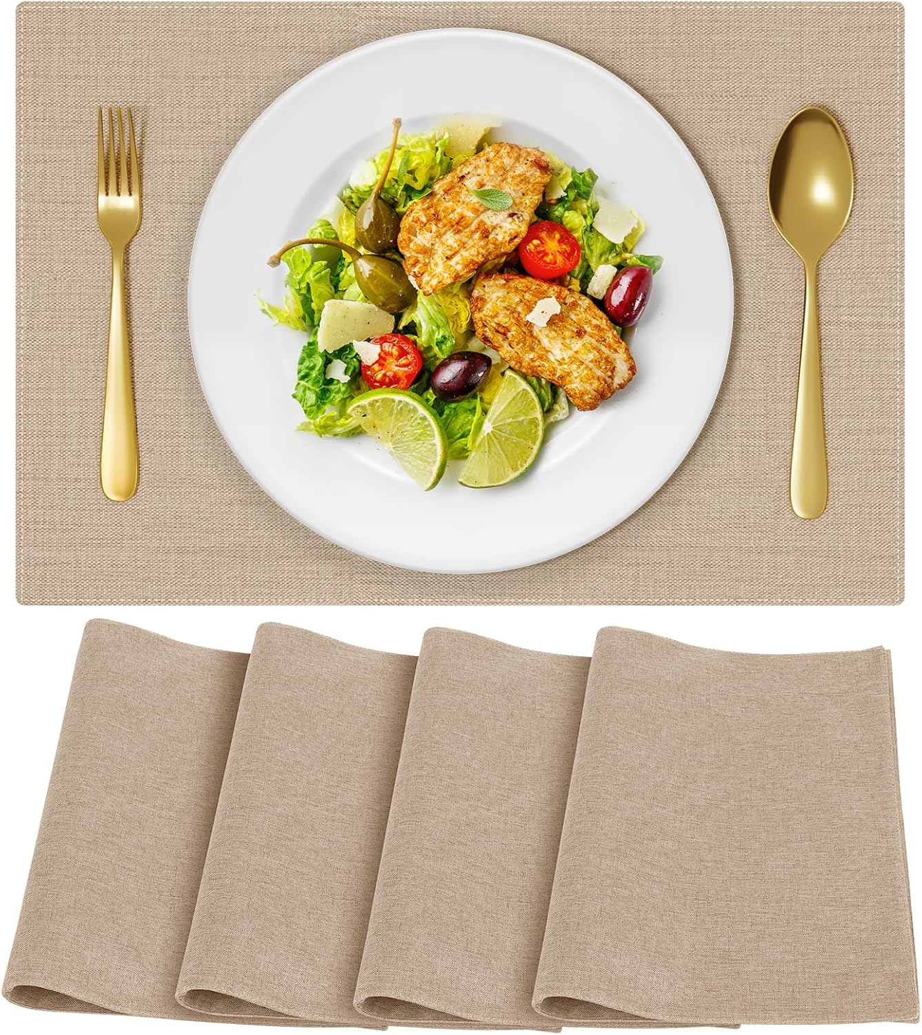Cloth Placemats, Set of 4 Heat-Resistant Cotton Linen Blend Double Layered Machine Washable Place Mats, Wrinkle Free Thick Fabric Dining Table Mats for Indoors & Outdoors (Light Linen, 4)