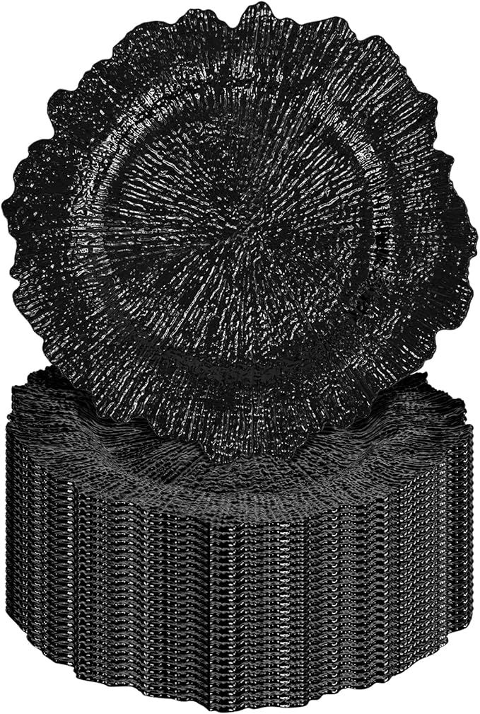 Pesonlook 24Pcs Black Charger Plates Round 13inch, Reef Plate Chargers for Dinner, Bulk Plastic Floral Table Charger Plates for Dinner Wedding Party Event Table Setting Decoration(Black)