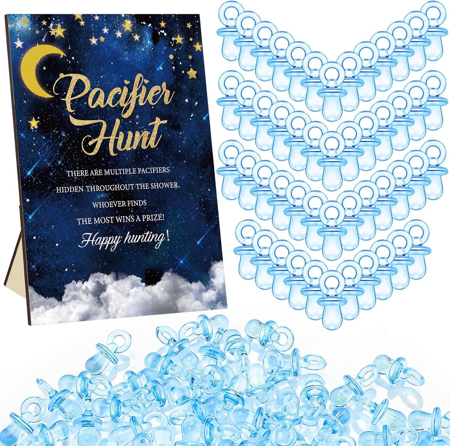 Thyle 51 Pcs Pacifier Hunt Baby Shower Games Include Hunt Sign and 50 Acrylic Pacifiers for Baby Shower Game Decoration Gift Sets Gender Reveal Party Decor(over the Moon)