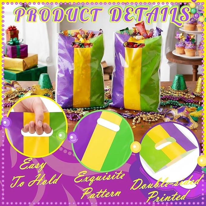 Frienda 100 Pcs Mardi Gras Plastic Gift Bags with Handles 9.84''x6.5'' Purple Yellow Green Plastic Candy Goodies Treat Favors for Event Mardi Gras Carnival Birthday Party Gift Wrapping Supplies
