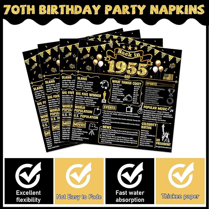 CHUNNIN 96Pcs 70th Birthday Plates and Napkins Back in 1955 Party Decorations Black Gold 70 Year Old Party Dessert Plates 1955 Tableware for 24 Guests 70th Theme Men Woman Birthday Supplies