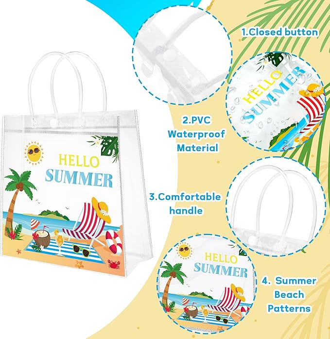 H1vojoxo Hello Summer Gift Bags - 24PCS Sunny Beach Clear Gift Bags with Handles 7.87 x 3.2 x 7.87 Inch Reusable PVC Plastic Transparent Waterproof Tote Bag for Summer Party Birthday Party Supplies