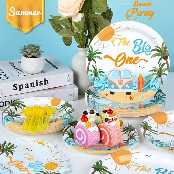 96Pcs Summer Beach The Big One Party Supplies Boy Surfing First Paper Plates Napkins The Big One Birthday Party Decorations 1st Birthday Dinnerware Party Favor Beach Hawaiian Tableware Serves 24
