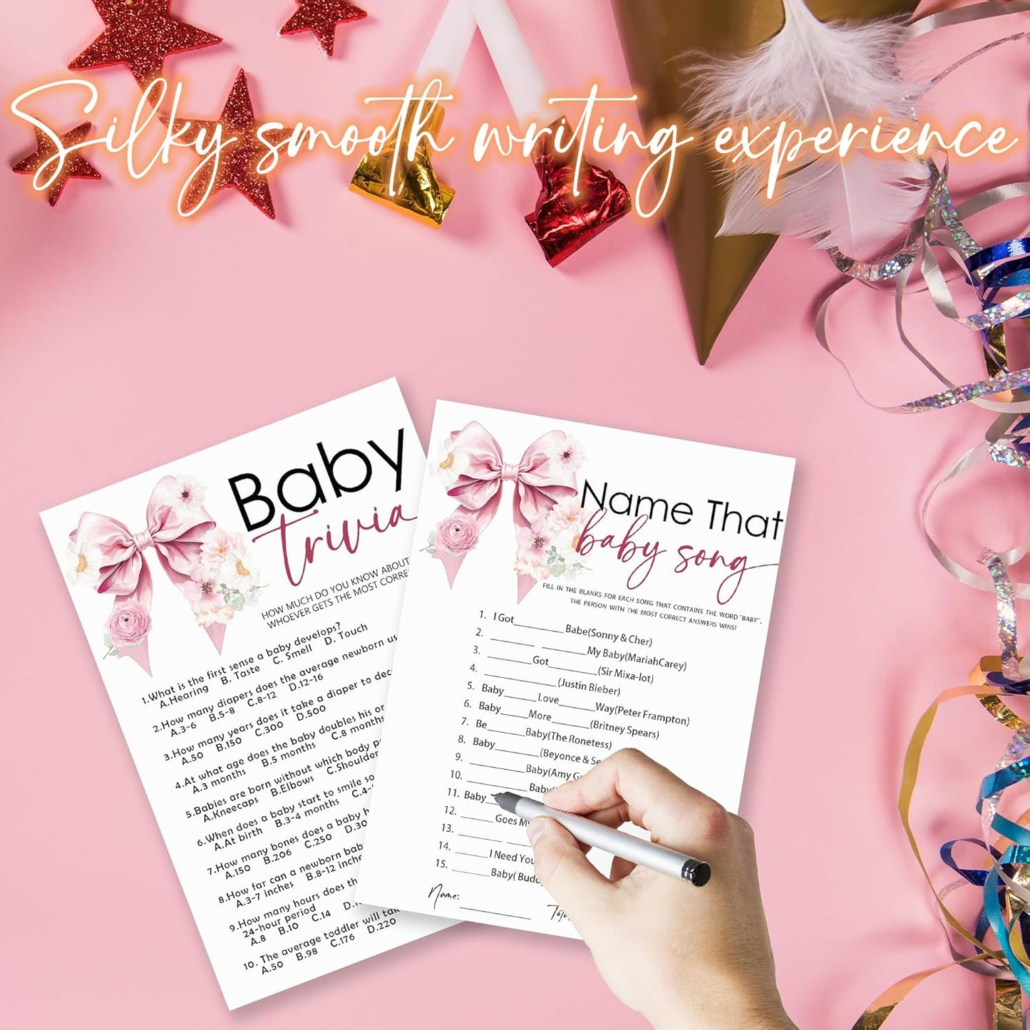 Name That Baby Song & Trivia Theme Baby Shower Game Activities-30 Pink Bow & Floral Double-Sided Game Cards(5’’x7 ’’) & 1 Answer Card(4’’x6’’) For Boys & Girls-Gender Natural Decor & Supplies-A02