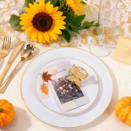 KIRE 200PCS Gold Plastic Plates - Disposable Plates for Party - White Plastic Plates with Gold Rim Include 100 for Dinner and 100 for Dessert/Salad in Wedding/Thanksgiving