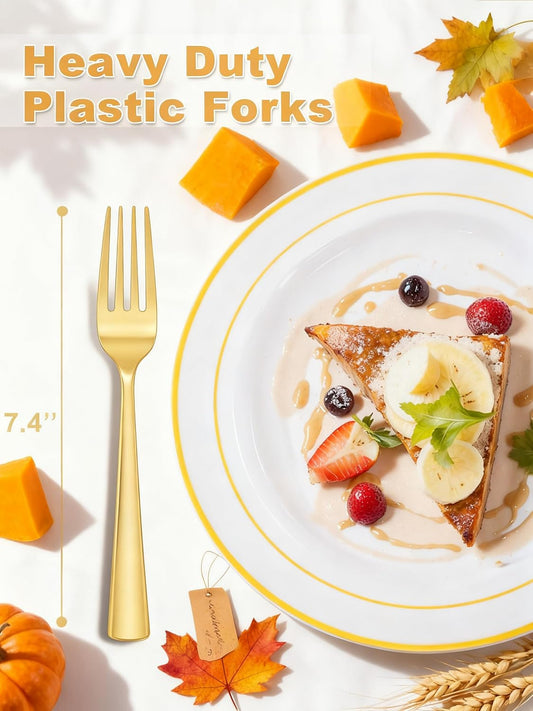 WDF 100 Pcs Gold Plastic Forks Heavy Duty - BPA-FREE, Sturdy&Durable Forks Disposable 7.4inch - Elegant Gold Forks for Dessert, Durable Plastic Cutlery for Thanksgiving Party, Wedding or Daily Using