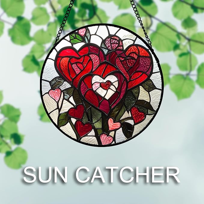 Stained Glass Window Hanging Red Heart-Shaped Roses 7.8" - Flower Suncatcher Door Garden Sun Catcher Decor Birthday Anniversary Valentines Day Gifts for Woman Wife Men Her Him Lovers
