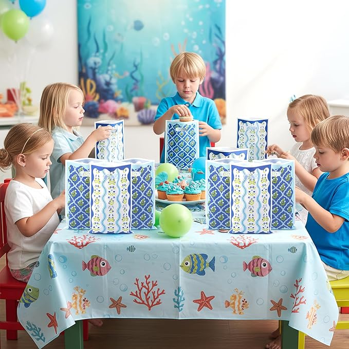 50Pcs Coastal Wavy Flower Party Favor Bag - Blue Floral Plastic Waterproof Goodie Bag Spring Vintage Rectangular Gift Pack for Kids Birthday Bachelorette Baby Shower Decor Garden Party Supplies