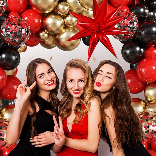 Red and Black Gold Balloon Garland Arch Kit, 140Pcs Red Black Metallic Gold Confetti Balloons With Stars for Birthday Wedding Birdal Shower Anniversary Graduation Casino Party Decorations