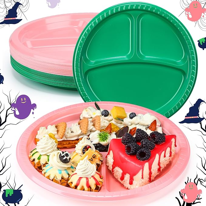 50 Pcs 10 Inch Plastic 3 Compartment Divided Plates Heavy Disposable Round Dinner Plates with Dividers for Wedding Birthday Party Dinnerware (Green, Pink)