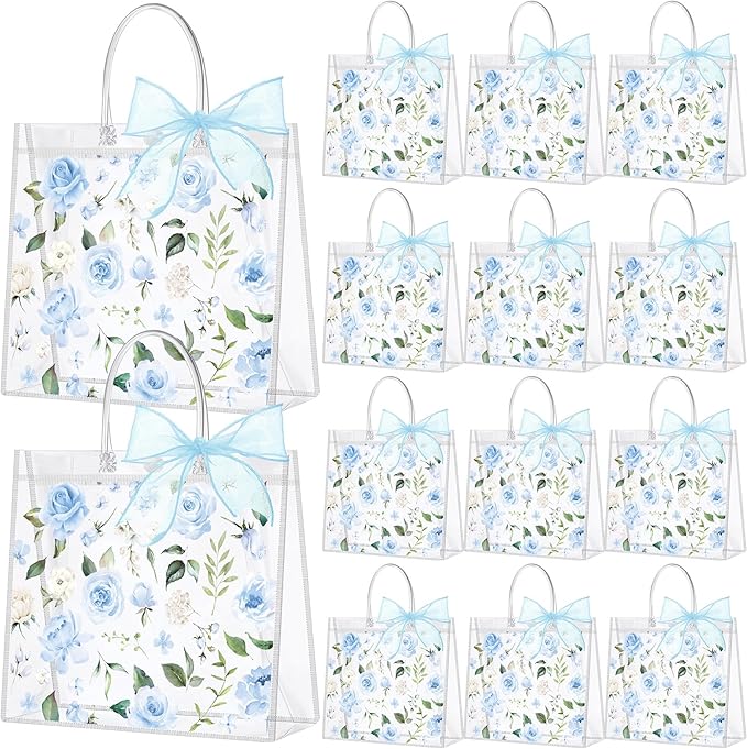 Wesnoy 24 Pcs Clear Floral Gift Bags with Handles Rose Blue Flower PVC Treat Tote Bag for Tea Birthday Party Wedding Bridal Shower Bachelorette Anniversary Engagement Guests, 7.8 x 7.8 x 3.2 Inch