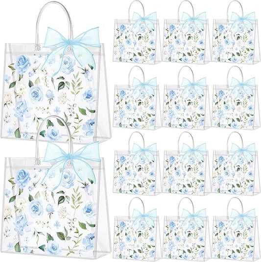 Wesnoy 24 Pcs Clear Floral Gift Bags with Handles Rose Blue Flower PVC Treat Tote Bag for Tea Birthday Party Wedding Bridal Shower Bachelorette Anniversary Engagement Guests, 7.8 x 7.8 x 3.2 Inch