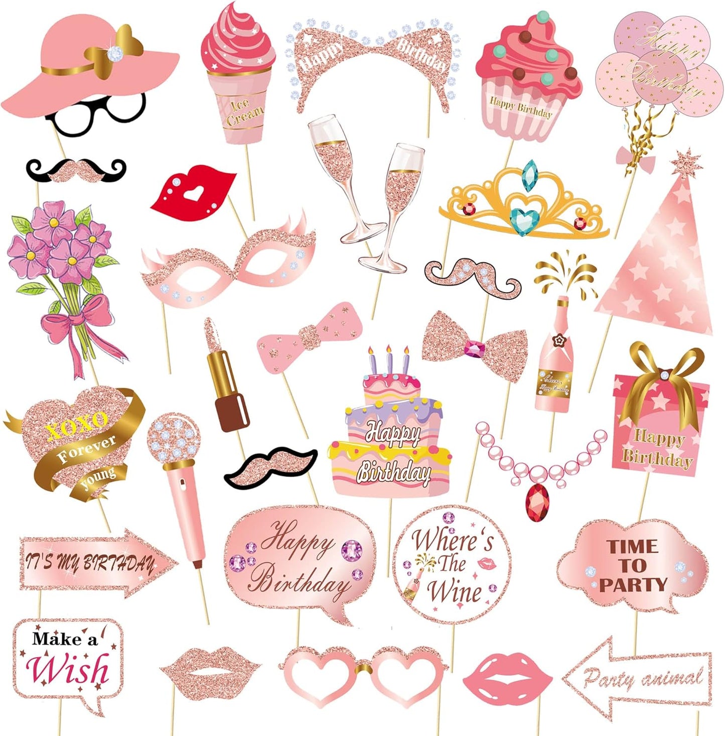 Birthday Decorations, Tumwisk 33PCS Birthday Photo Booth Props, Rose Gold Happy Party Decorations for Women, Glitter Selfie Props for Girls (All Ages)