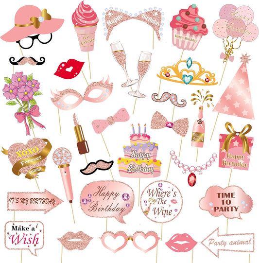 Birthday Decorations, Tumwisk 33PCS Birthday Photo Booth Props, Rose Gold Happy Party Decorations for Women, Glitter Selfie Props for Girls (All Ages)