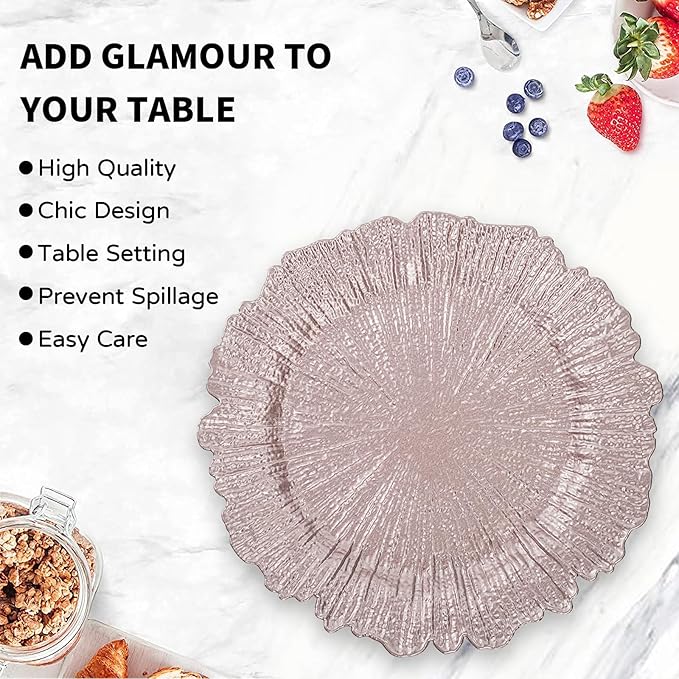 MAONAME Round 13" Reef Charger Plates, Pink Plate Chargers Set of 6, Plastic Chargers for Dinner Plates, Thanksgiving, Christmas, Wedding