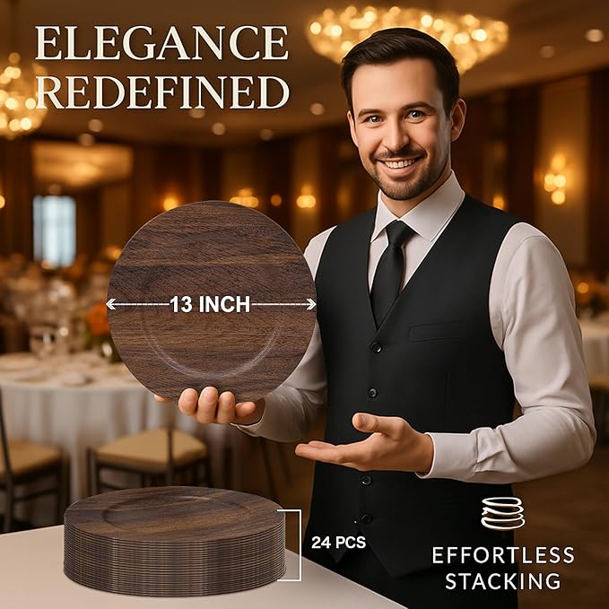 JEVERGN 24 Pack Farmhouse Charger Plates, 13'' Faux Wood Chargers for Dinner Plates, Brown Plate Chargers Set of 24, Round Plastic Charger for Wedding, Party Event, Dinner, Table Setting