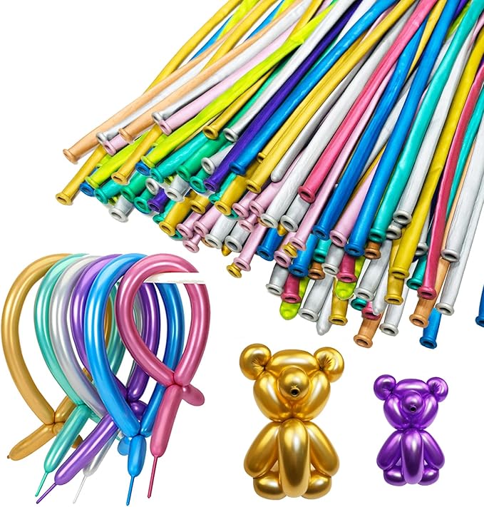 Metallic 260 long balloons 100 Pack Multicolored Twisting Animal Balloons Modeling Long Magic Balloons for DIY Animal Model Wedding Birthday Festival Party Decorations(Metallic long Balloons Assorted)