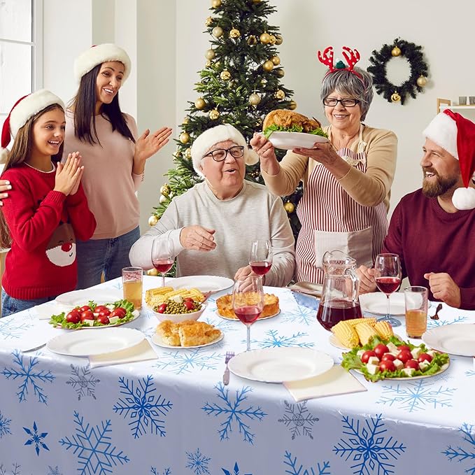 Peryiter 6 Pcs Winter Snowflake Plastic Tablecloth Decorations, Christmas Wonderland Disposable Table Cover 54 x 108 Inch Blue and White Dining Table Cover for Winter Holiday Theme Party Supplies