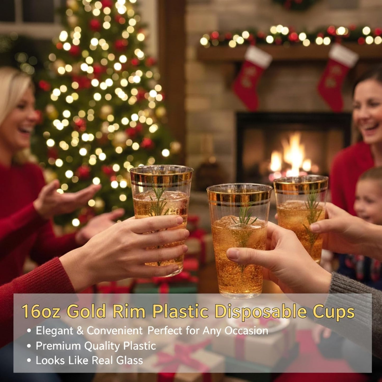 Perfect Settings Gold Rimmed Disposable Plastic Cups, Clear Hard Plastic Drinking Glasses for Cold Beverages & Cocktails, BPA-FREE, Disposable Wedding Cups, 16 oz. (Pack of 100)