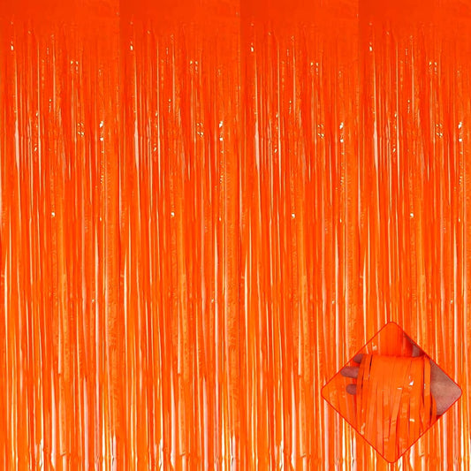 4 Pack 3.3Ft x 6.6Ft Orange Foil Fringe Curtain Backdrop, Metallic Tinsel Foil Fringe Streamers Curtains Background for Photo Booth, Birthday, Wedding, Halloween, Christmas Party Decoration
