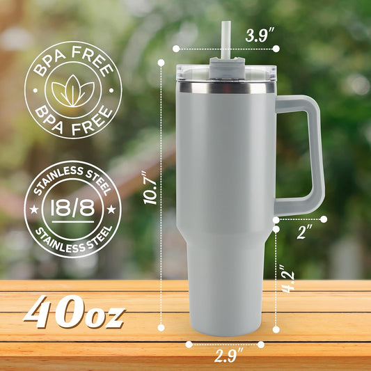 40 oz Tumbler with Handle and Straw Spill Proof Large Travel Coffee Mug Insulated Reusable Stainless Steel Cup with Lid Fit for Car Cup Holder(Grey)