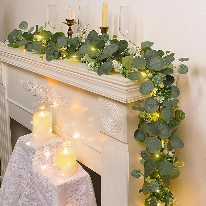 N&T NIETING 4 Pack Artificial Eucalyptus Garland with Lights, 6FT Artificial Greenery Garlands, Battery Operated Twig Vine for Room Stairs Mantle Wedding Holiday Easter Decoration Indoor Outdoor