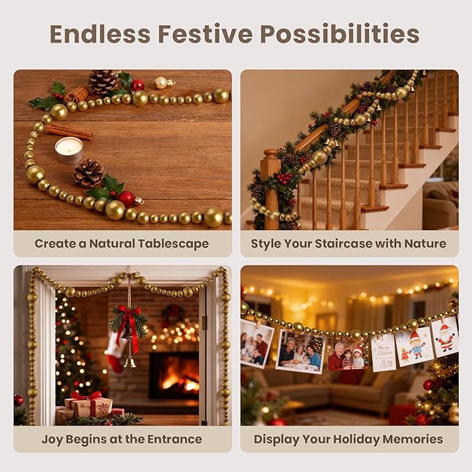 2PCS Christmas Wood Beads Garland 14.4 Feet Wooden Bead Garland Boho Ornaments for Christmas Tree, Xmas Vintage Rustic Farmhouse Round Craft Bead Hanging Holiday Decorations(Gold)