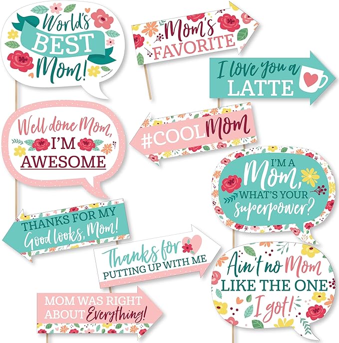 Mother's Day Photo Booth Props Kit - Celebration Set, Premium Cardstock Photo Props with Sticks, DIY Party Decorations - 10 Pieces - Colorful