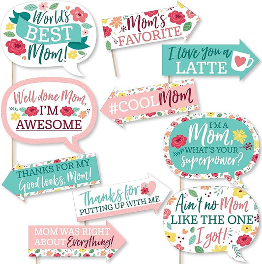 Mother's Day Photo Booth Props Kit - Celebration Set, Premium Cardstock Photo Props with Sticks, DIY Party Decorations - 10 Pieces - Colorful