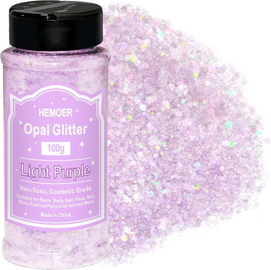 HEMOER Light Purple Opal Glitter 100g/3.5oz, Cosmetic Mixed Hexagon Chunky & Fine Craft Glitter Resin Sequins for Epoxy Glass, Resin Art, Body, Hair, Face, Nail, Slime, Tumbler, Festival Party