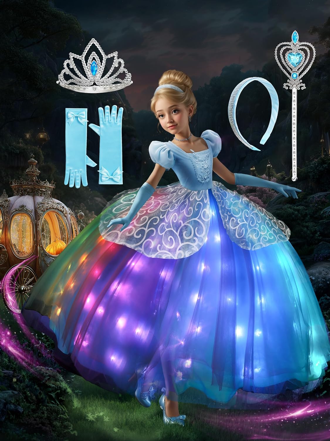 Princess Dress Up Clothes, Syncs with Music, App-Control, RGB LED Light Up Princess Dress for Girls with Accessories