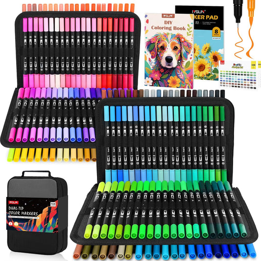 Dual Brush Marker Pens,168 Colors Art Markers Set with Fine & Brush Tip for Kids Adult Coloring Book, Bullet Journaling, Drawing, Note Taking, Planner, Hand Lettering, Calligraphy, Art Supplies Kit