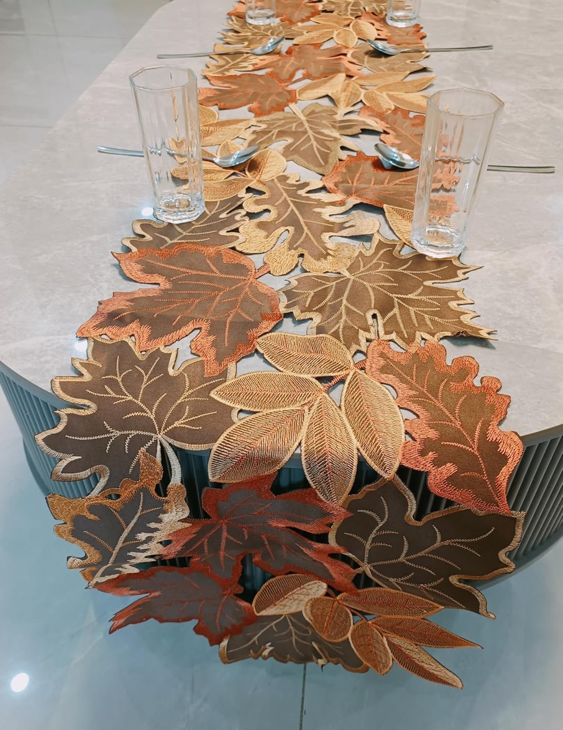 Fall Leaf Embroidered Table Runner 69 Inches for Thanksgiving and Autumn Harvest Decoration (16''x69'', Coffee Colored Maple Leaves)