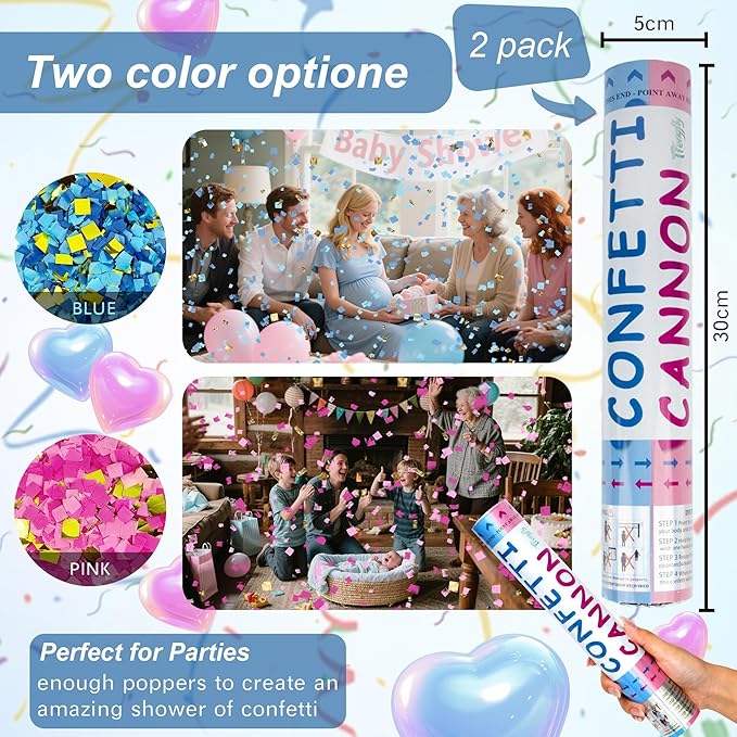 2 Pack Gender Reveal Confetti Cannon, 12 in Blue Square shaped Paper Party Poppers Cannons, Confetti Poppers For Baby Boy Girl Gender Reveal Baby Showers (Square, Blue)