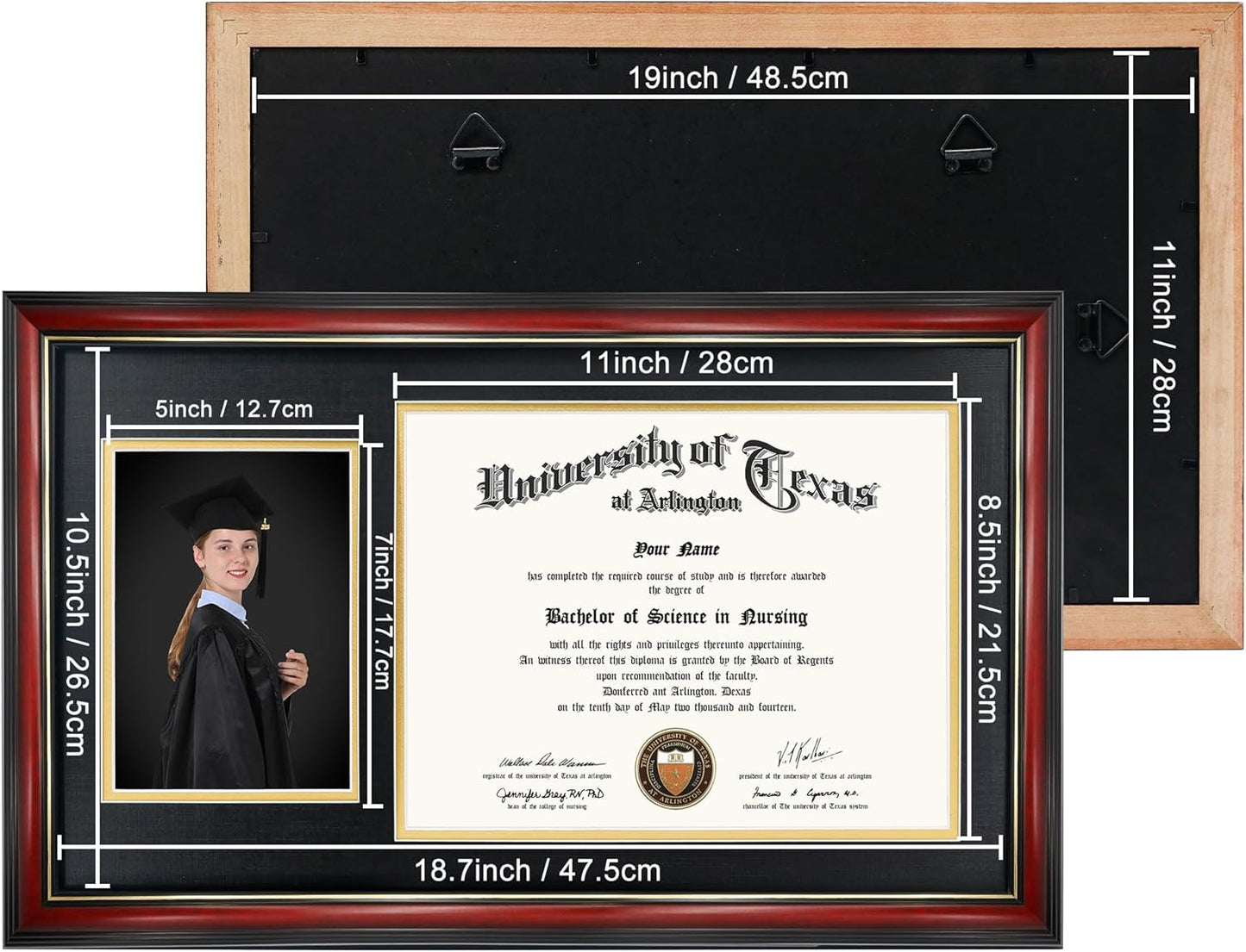 GraduationMall 11x19 Cherry Diploma and Photo Frame for 8.5x11 Certificate,5x7 Picture,Tempered Glass,Black over Gold Double Mat
