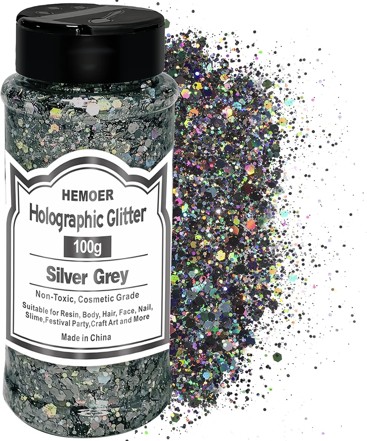 HEMOER Silver Grey Glitter, 100g/3.5oz Holographic Chunky Glitter Mixed Hexagon Chunky & Fine Flakes Iridescent Sequins for Epoxy Crafts, Resin, Nail Body, Tumblers, Festival Party
