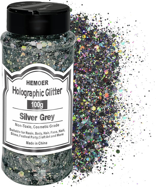 HEMOER Silver Grey Glitter, 100g/3.5oz Holographic Chunky Glitter Mixed Hexagon Chunky & Fine Flakes Iridescent Sequins for Epoxy Crafts, Resin, Nail Body, Tumblers, Festival Party