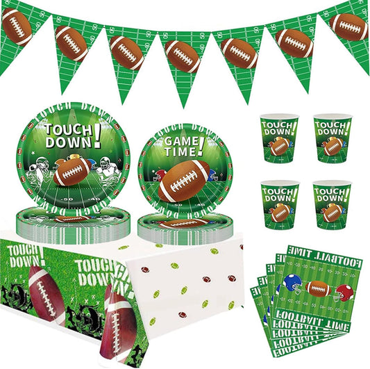 Football Party Decorations Supplies Set for 24 People, Includes 48 Dinner Plate, 24 Cup, 24 Napkin, 1 Tablecloth, 1 Pennant, Perfect for Super Bowl Game Day Birthday Party(98 Pcs)