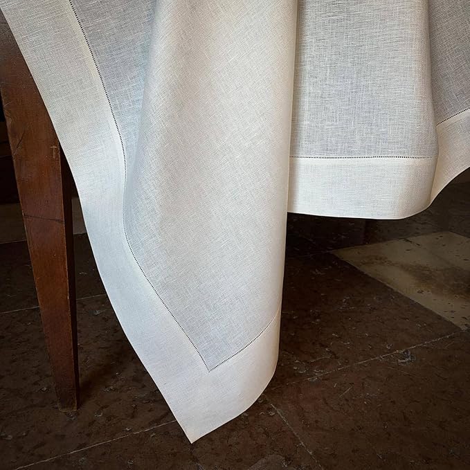 EVERLY Pure Linen Hemstitch Tablecloth,100% Stonewashed French Linen tablecloths for Kitchen Dining Rectangle Tables,60x108Inch Machine Washable Christmas Thanksgiving Organic Tablecloth-White