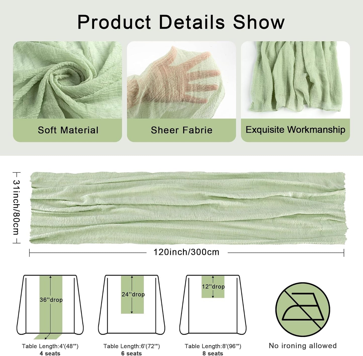 FEXIA Table Runner Sage Green Cheesecloth Table Runner 30x118 Inches for Baby Shower Decorations Spring Easter Decor Rustic Gauze for Wedding Bridal Shower First Communion Home Decor