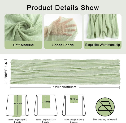 FEXIA Table Runner Sage Green Cheesecloth Table Runner 30x118 Inches for Baby Shower Decorations Spring Easter Decor Rustic Gauze for Wedding Bridal Shower First Communion Home Decor