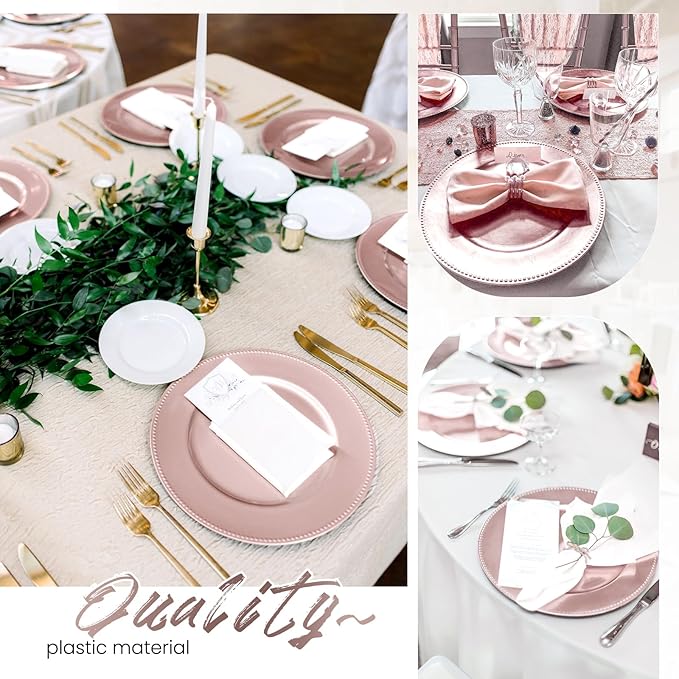 50 Pcs Rose Gold Charger Plates Bulk, 13" Round Beaded Plate Chargers, Decorative Dinner Chargers Plastic Table Charger for Wedding Holiday Party Baby Shower Event Decoration (Rose Gold)