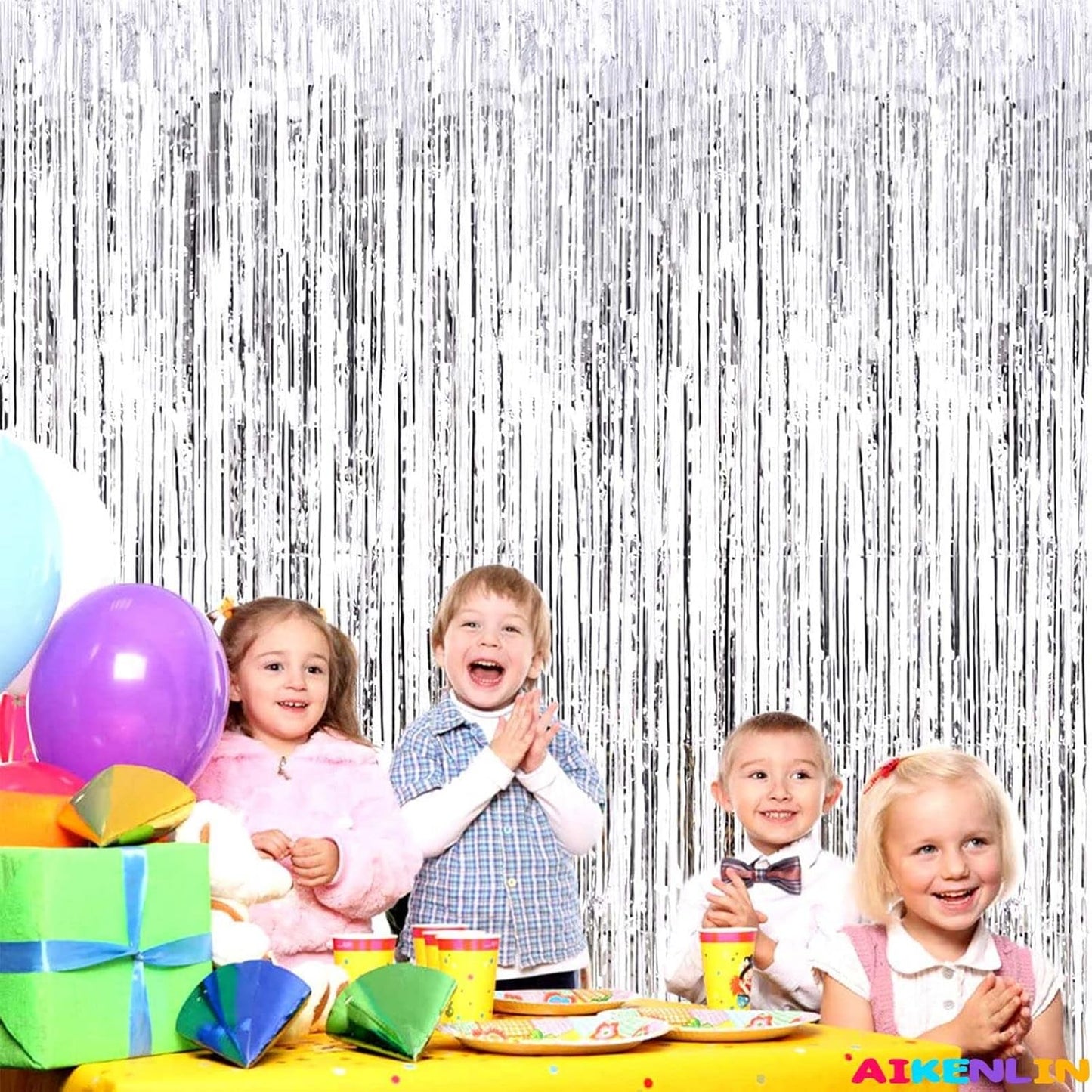 4 Pack 3.3Ft x 6.6Ft Silver Foil Fringe Curtain Backdrop, Metallic Tinsel Foil Fringe Streamers Curtains Background for Photo Booth, Birthday, Wedding, Halloween, Christmas Party Decoration