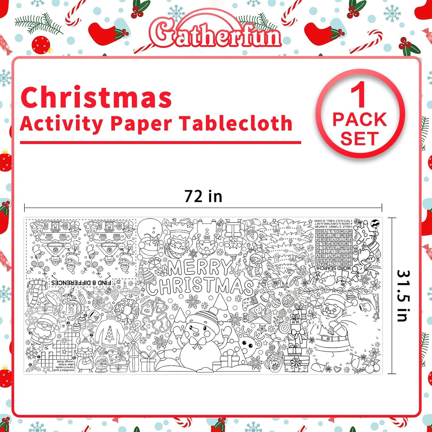 Gatherfun Merry Christmas Decorations - Versatile 31.5 x 72 Inches Activity Poster, Christmas Party Coloring Banner/Santa & Snowman Table Cover for School Parties and Special Events